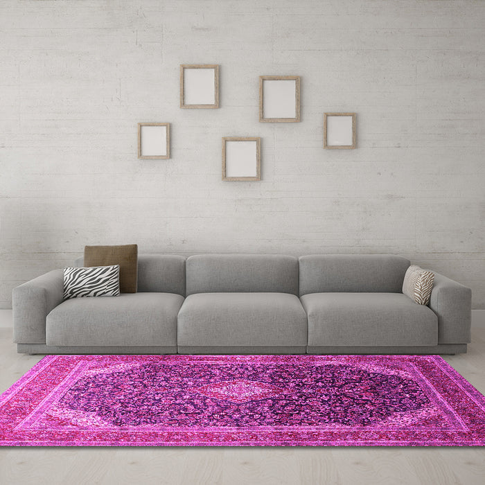 Machine Washable Medallion Pink Traditional Rug in a Living Room, wshtr116pnk