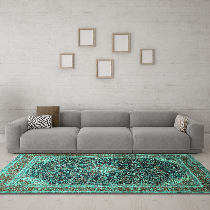 Machine Washable Medallion Turquoise Traditional Area Rugs in a Living Room,, wshtr116turq