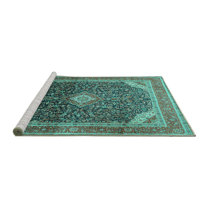 Sideview of Machine Washable Medallion Turquoise Traditional Area Rugs, wshtr116turq