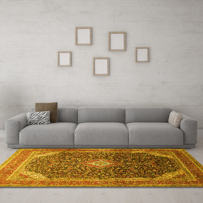 Machine Washable Medallion Yellow Traditional Rug in a Living Room, wshtr116yw