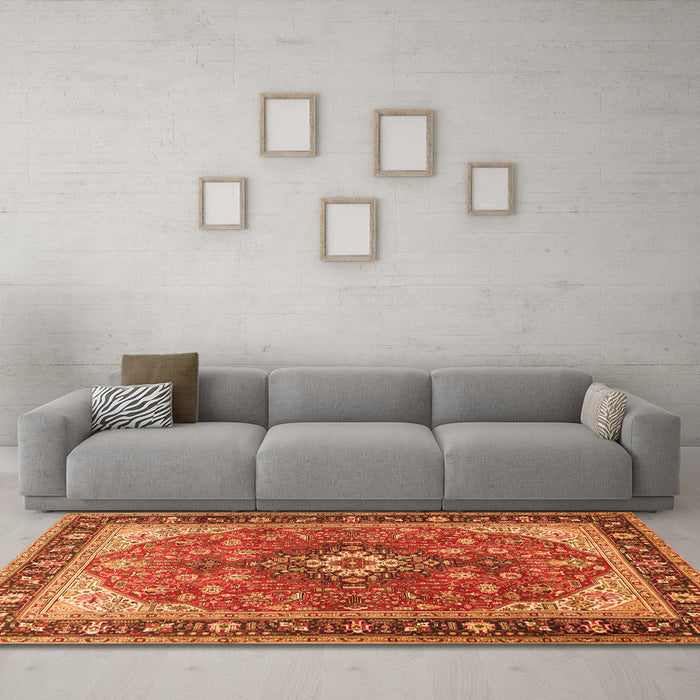 Machine Washable Medallion Orange Traditional Area Rugs in a Living Room, wshtr1170org