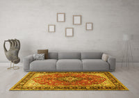 Machine Washable Medallion Yellow Traditional Rug, wshtr1170yw