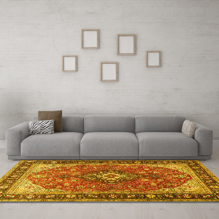 Machine Washable Medallion Yellow Traditional Rug in a Living Room, wshtr1170yw
