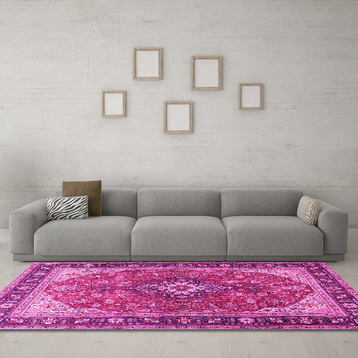 Machine Washable Medallion Pink Traditional Rug in a Living Room, wshtr1170pnk