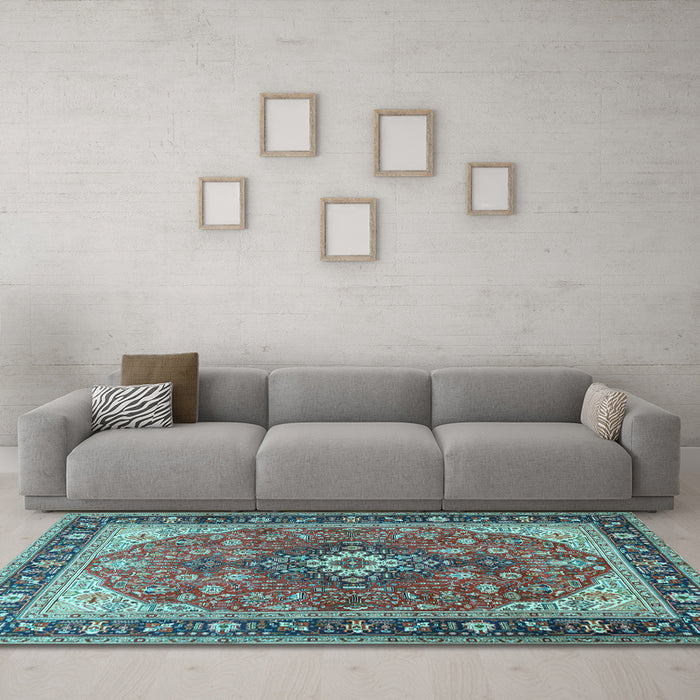 Machine Washable Medallion Light Blue Traditional Rug in a Living Room, wshtr1170lblu