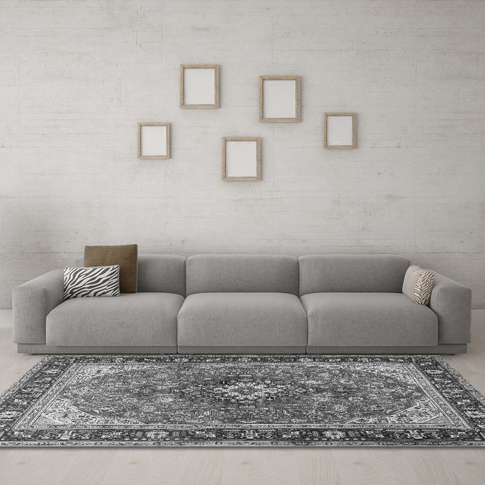 Machine Washable Medallion Gray Traditional Rug in a Living Room,, wshtr1170gry