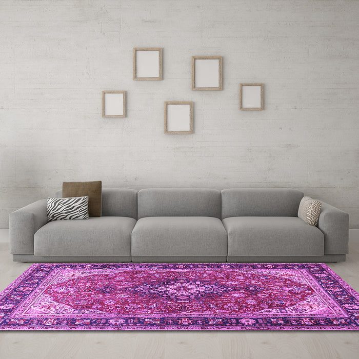 Machine Washable Medallion Purple Traditional Area Rugs in a Living Room, wshtr1170pur