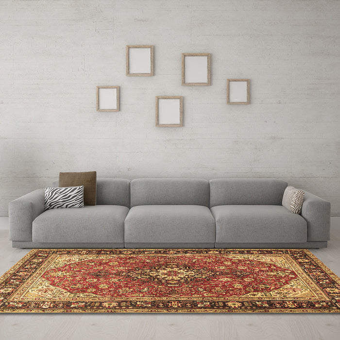 Machine Washable Medallion Brown Traditional Rug in a Living Room,, wshtr1170brn