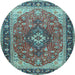 Round Machine Washable Medallion Light Blue Traditional Rug, wshtr1170lblu