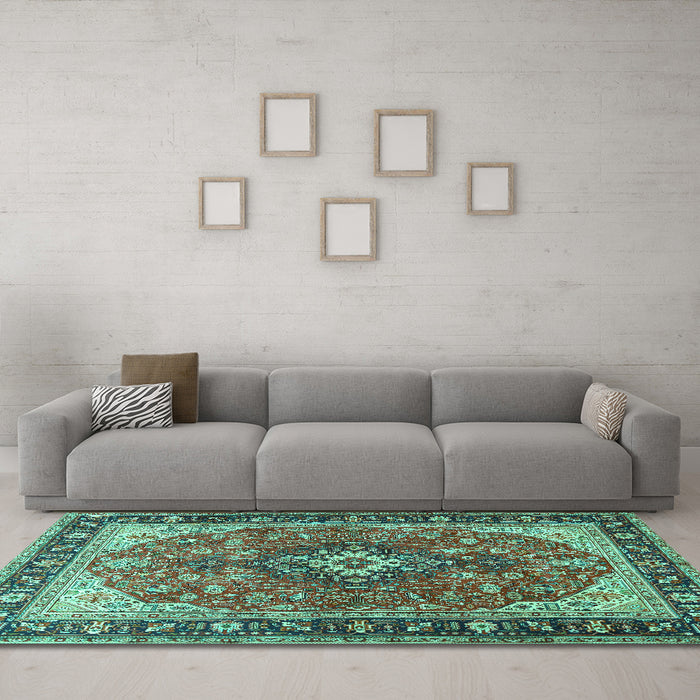 Machine Washable Medallion Turquoise Traditional Area Rugs in a Living Room,, wshtr1170turq