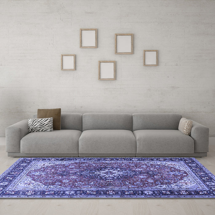 Machine Washable Medallion Blue Traditional Rug in a Living Room, wshtr1170blu