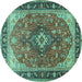 Round Machine Washable Medallion Turquoise Traditional Area Rugs, wshtr1170turq