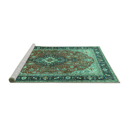 Sideview of Machine Washable Medallion Turquoise Traditional Area Rugs, wshtr1170turq