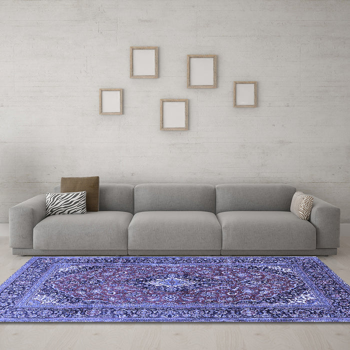 Machine Washable Medallion Blue Traditional Rug in a Living Room, wshtr1171blu