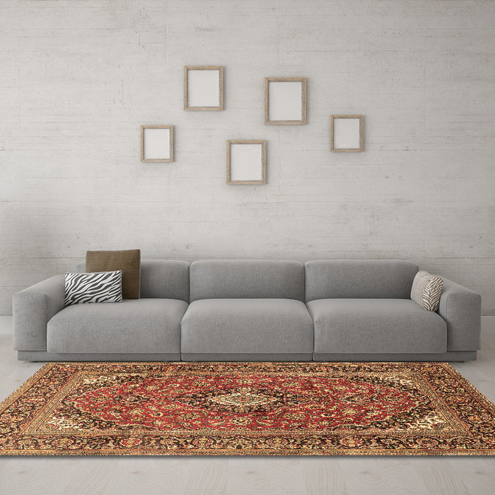 Machine Washable Medallion Brown Traditional Rug in a Living Room,, wshtr1171brn
