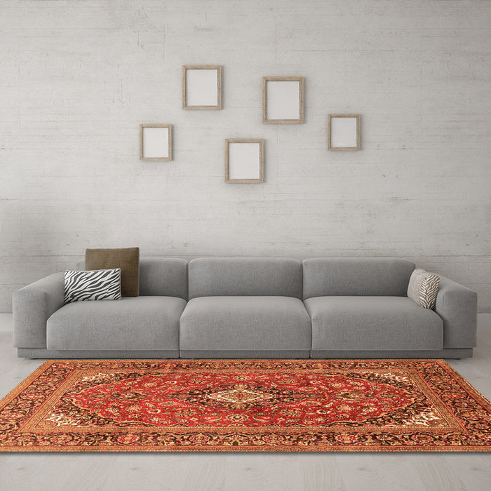 Machine Washable Medallion Orange Traditional Area Rugs in a Living Room, wshtr1171org