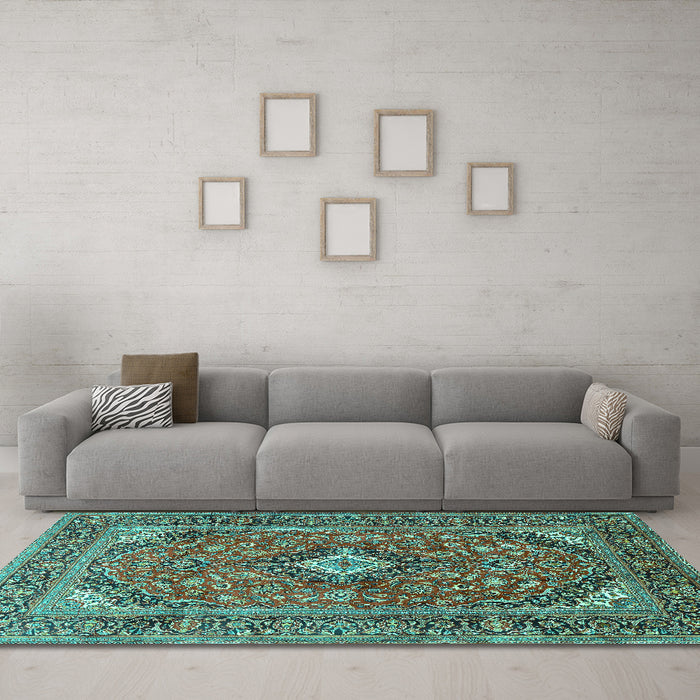 Machine Washable Medallion Turquoise Traditional Area Rugs in a Living Room,, wshtr1171turq