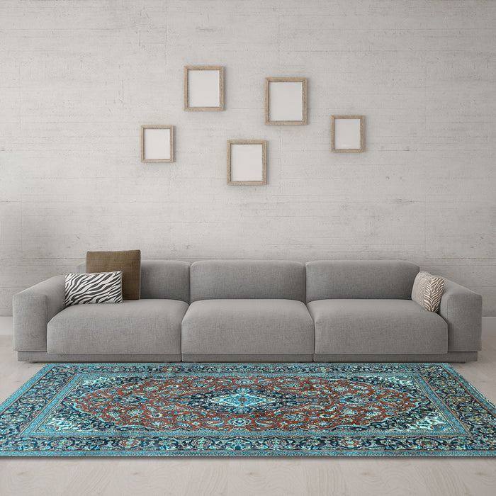 Machine Washable Medallion Light Blue Traditional Rug in a Living Room, wshtr1171lblu