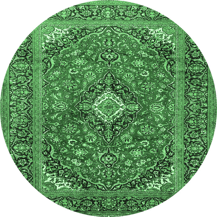 Round Machine Washable Medallion Emerald Green Traditional Area Rugs, wshtr1171emgrn