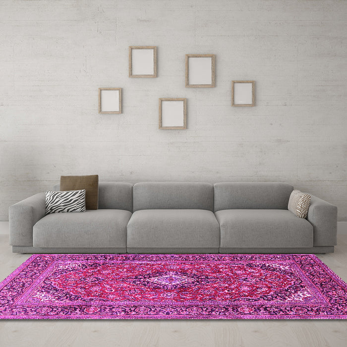 Machine Washable Medallion Pink Traditional Rug in a Living Room, wshtr1171pnk