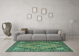 Machine Washable Medallion Turquoise Traditional Area Rugs in a Living Room,, wshtr1172turq