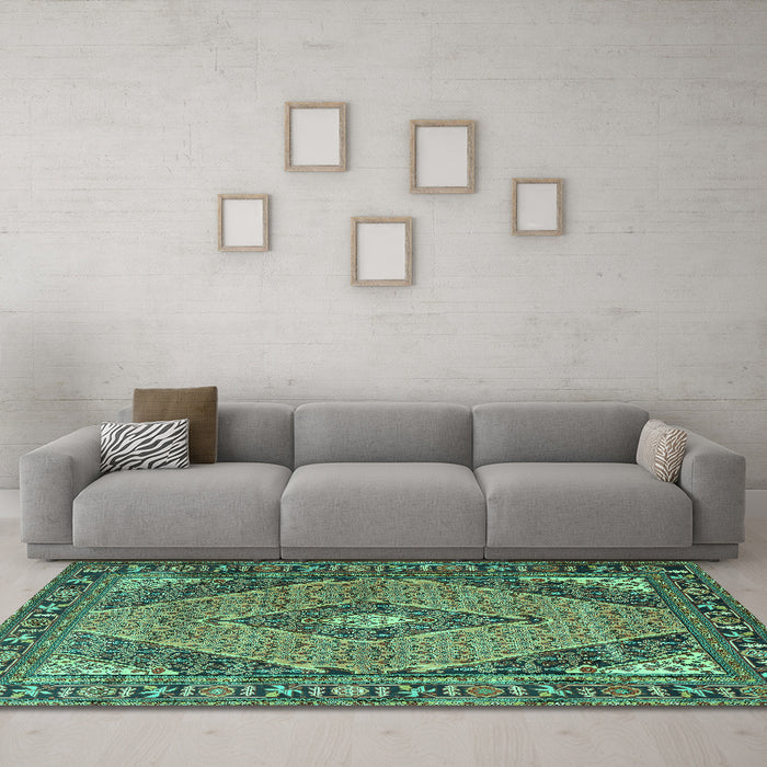 Machine Washable Medallion Turquoise Traditional Area Rugs in a Living Room,, wshtr1172turq