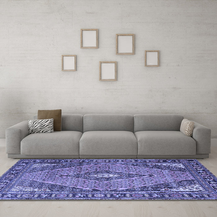 Machine Washable Medallion Blue Traditional Rug in a Living Room, wshtr1172blu