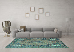 Machine Washable Medallion Light Blue Traditional Rug in a Living Room, wshtr1172lblu