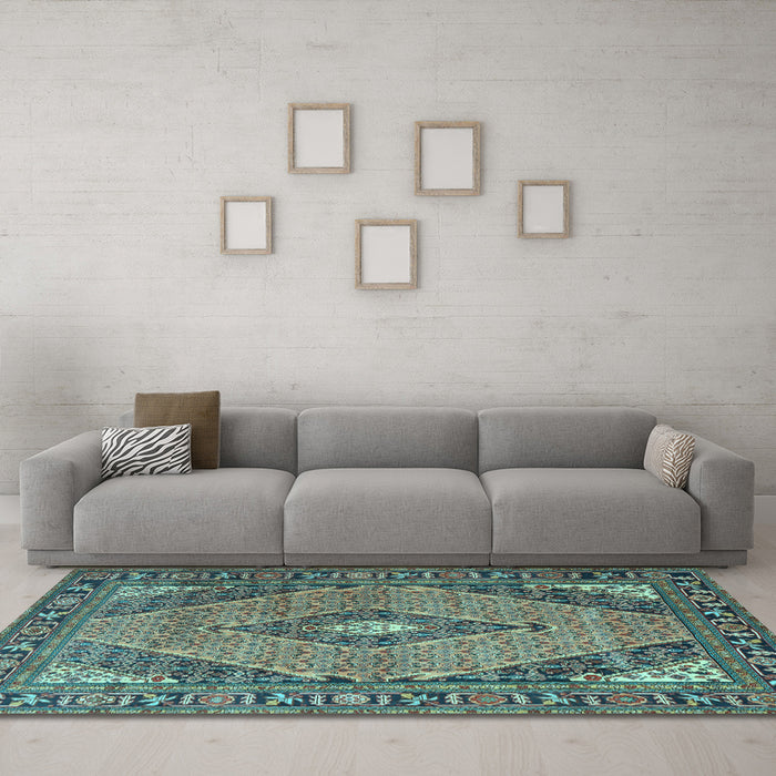 Machine Washable Medallion Light Blue Traditional Rug in a Living Room, wshtr1172lblu