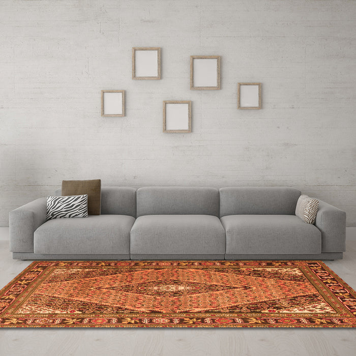Machine Washable Medallion Orange Traditional Area Rugs in a Living Room, wshtr1172org