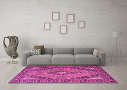 Machine Washable Medallion Pink Traditional Rug in a Living Room, wshtr1172pnk