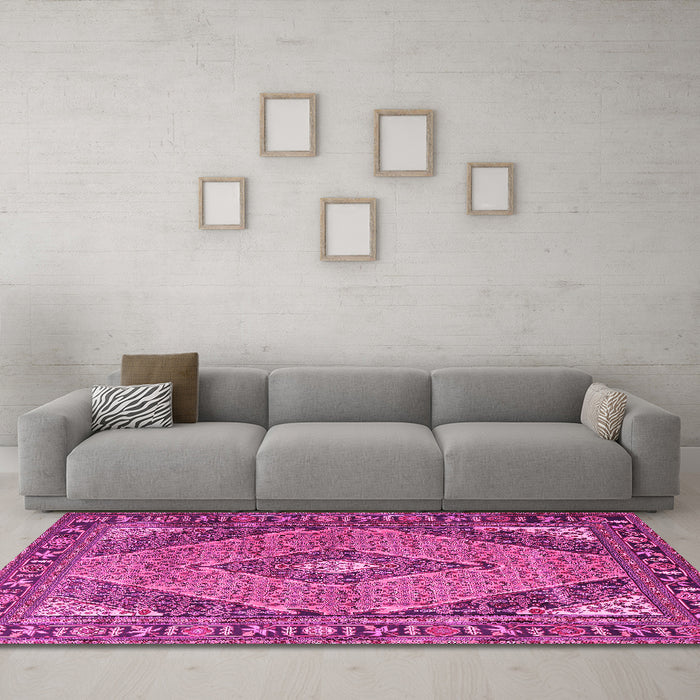 Machine Washable Medallion Pink Traditional Rug in a Living Room, wshtr1172pnk