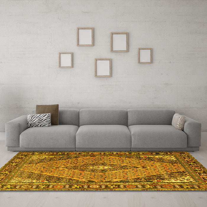 Machine Washable Medallion Yellow Traditional Rug in a Living Room, wshtr1172yw