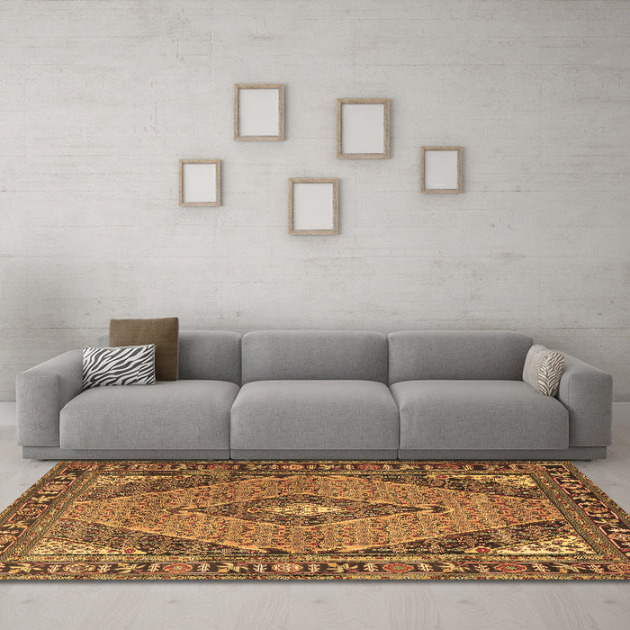 Machine Washable Medallion Brown Traditional Rug in a Living Room,, wshtr1172brn