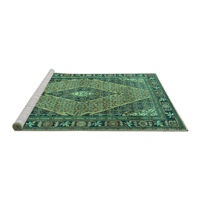 Sideview of Machine Washable Medallion Turquoise Traditional Area Rugs, wshtr1172turq