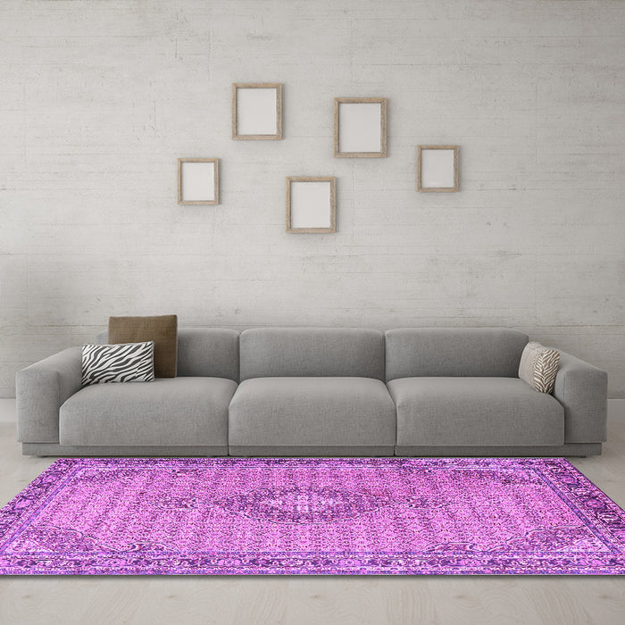 Machine Washable Medallion Purple Traditional Area Rugs in a Living Room, wshtr1173pur