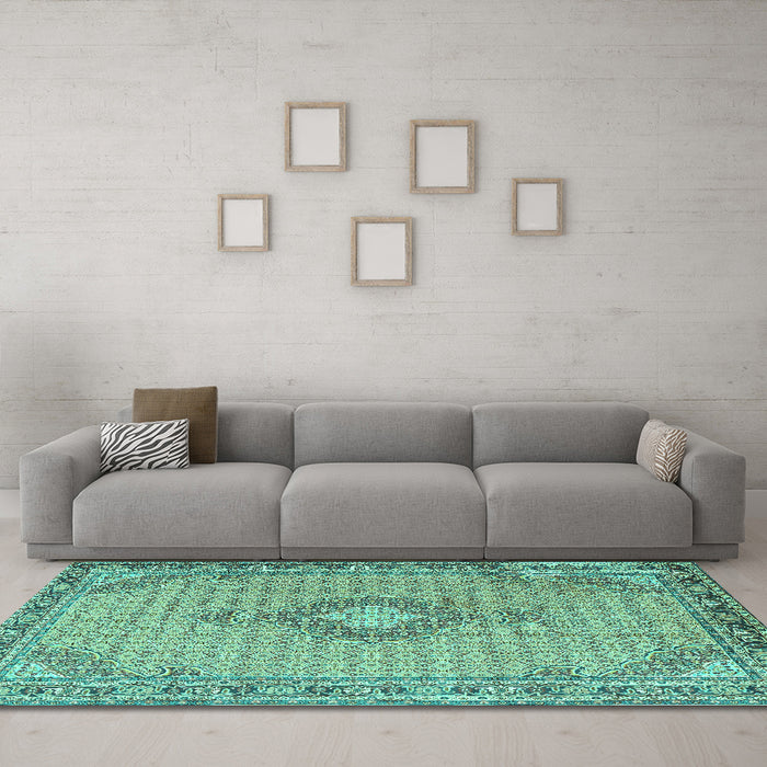 Machine Washable Medallion Turquoise Traditional Area Rugs in a Living Room,, wshtr1173turq