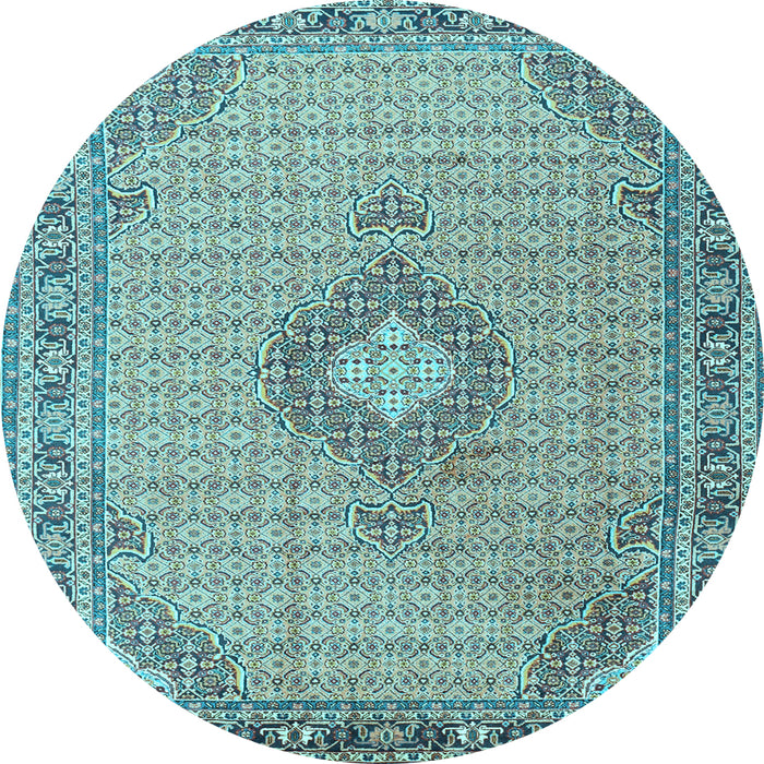Round Machine Washable Medallion Light Blue Traditional Rug, wshtr1173lblu