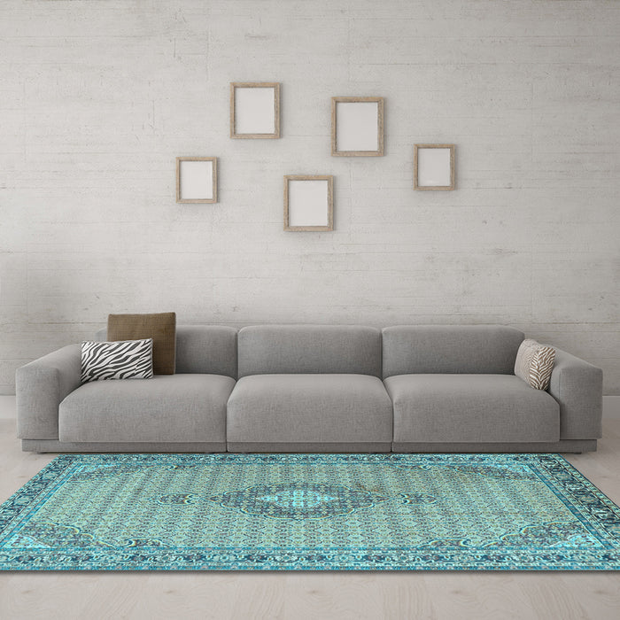 Machine Washable Medallion Light Blue Traditional Rug in a Living Room, wshtr1173lblu