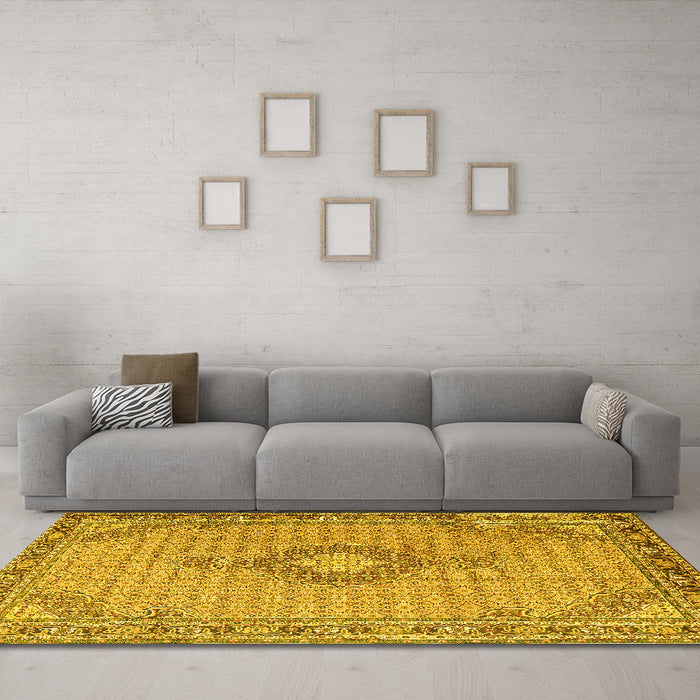 Machine Washable Medallion Yellow Traditional Rug in a Living Room, wshtr1173yw