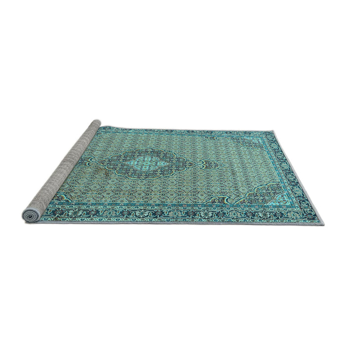 Sideview of Machine Washable Medallion Light Blue Traditional Rug, wshtr1173lblu