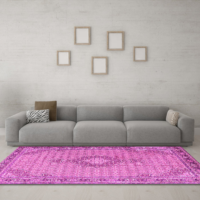 Machine Washable Medallion Pink Traditional Rug in a Living Room, wshtr1173pnk