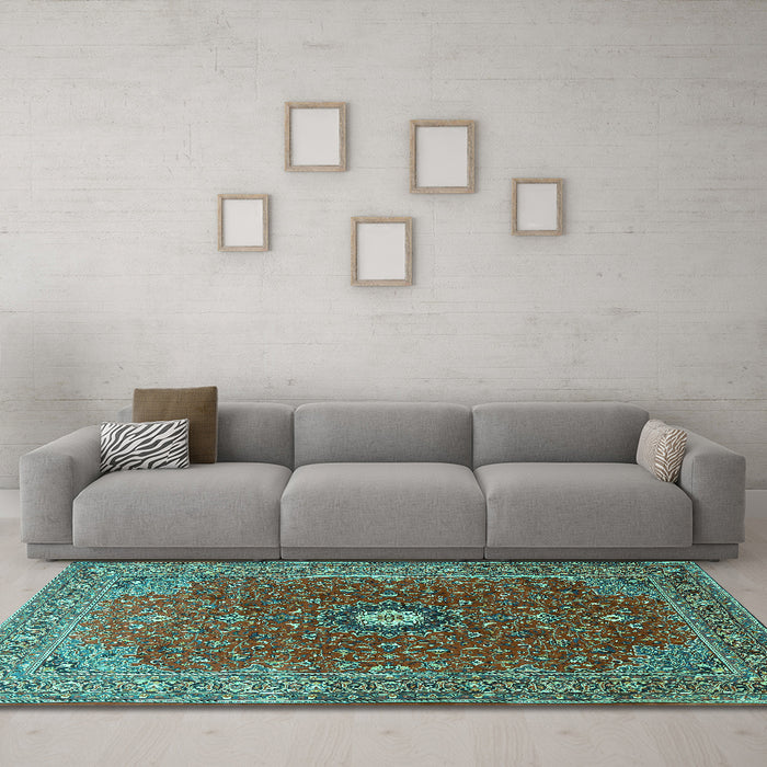 Machine Washable Medallion Turquoise Traditional Area Rugs in a Living Room,, wshtr1174turq