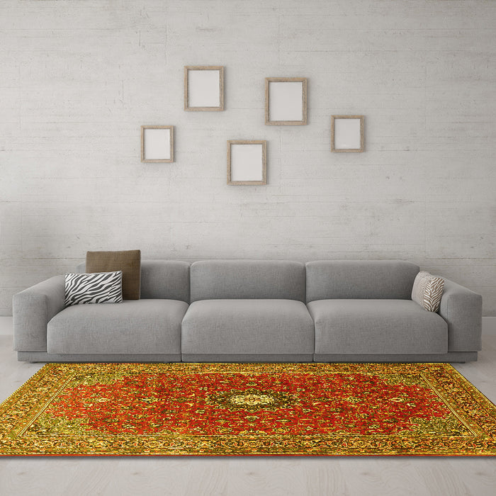 Machine Washable Medallion Yellow Traditional Rug in a Living Room, wshtr1174yw