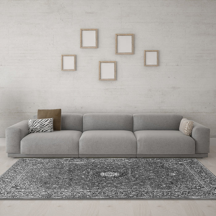 Machine Washable Medallion Gray Traditional Rug in a Living Room,, wshtr1174gry