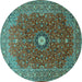 Round Machine Washable Medallion Turquoise Traditional Area Rugs, wshtr1174turq