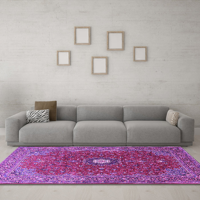 Machine Washable Medallion Purple Traditional Area Rugs in a Living Room, wshtr1174pur