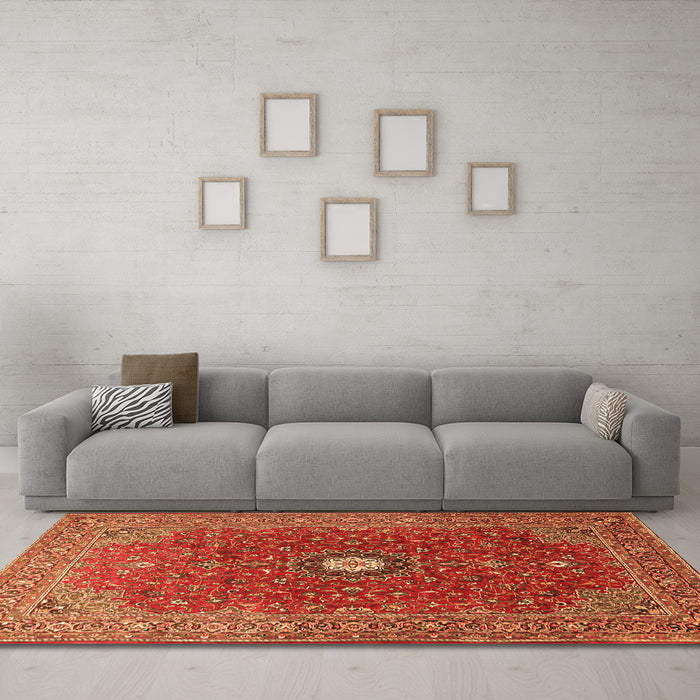 Machine Washable Medallion Orange Traditional Area Rugs in a Living Room, wshtr1174org