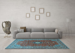 Machine Washable Medallion Light Blue Traditional Rug in a Living Room, wshtr1174lblu