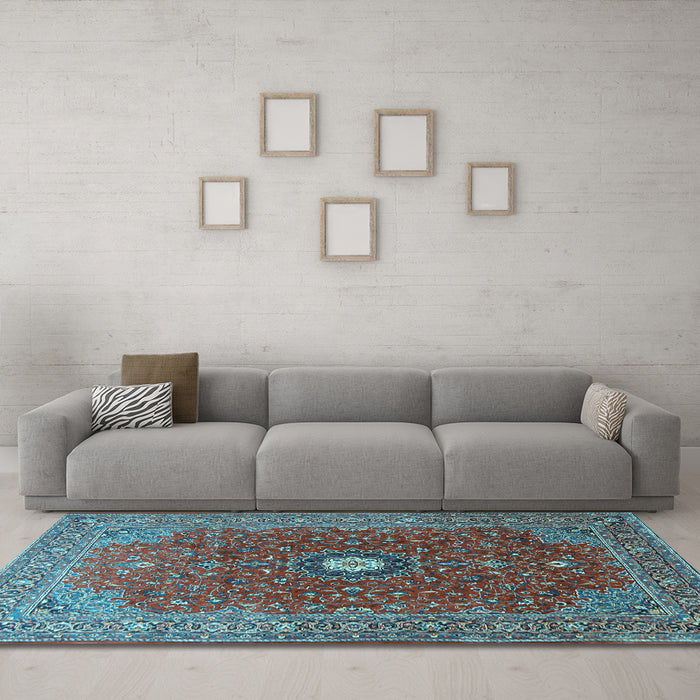 Machine Washable Medallion Light Blue Traditional Rug in a Living Room, wshtr1174lblu